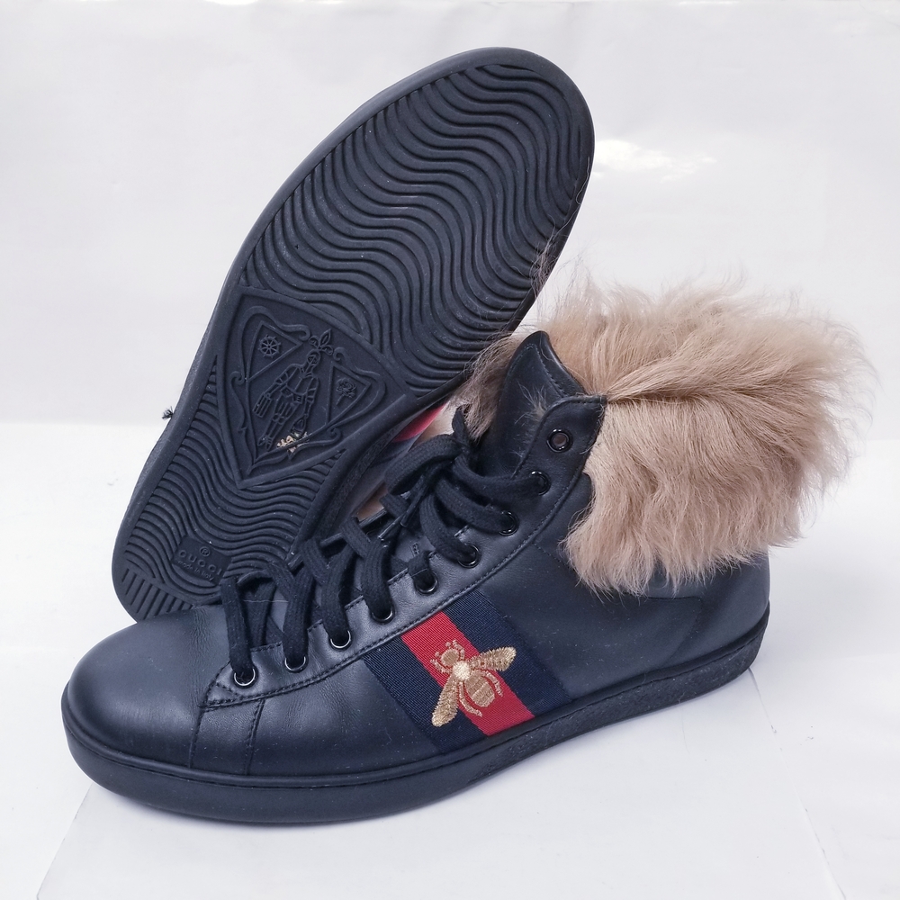 Gucci Black Sneakers with Fur and Red Stripe - Picture 2 of 6